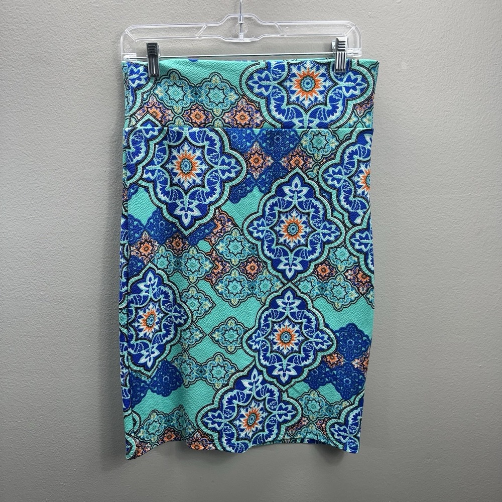 Agnes & Dora Pencil Skirt Large Teal Blue Geometric Print